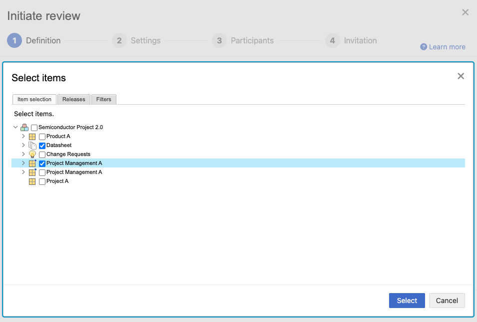Image shows a second window labeled "Select items" with a tree configuration with boxes next to each container and item.
