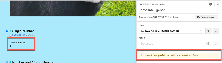 A number is highlighted and the Jama Connect Advisor report displays an empty Description field and an error message that are highlighted.