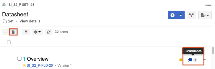 In Document View, select the speech bubble to view item-level collaboration stream.