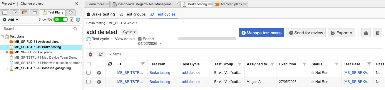 The New Test Plan panel shows that the Test Runs view is selected in the upper right corner.