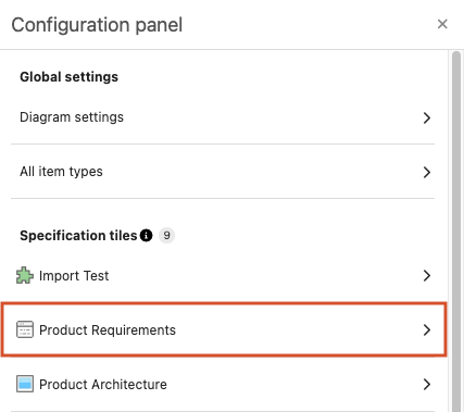 The Configuration panel shows that the Product Requirements tile is selected.
