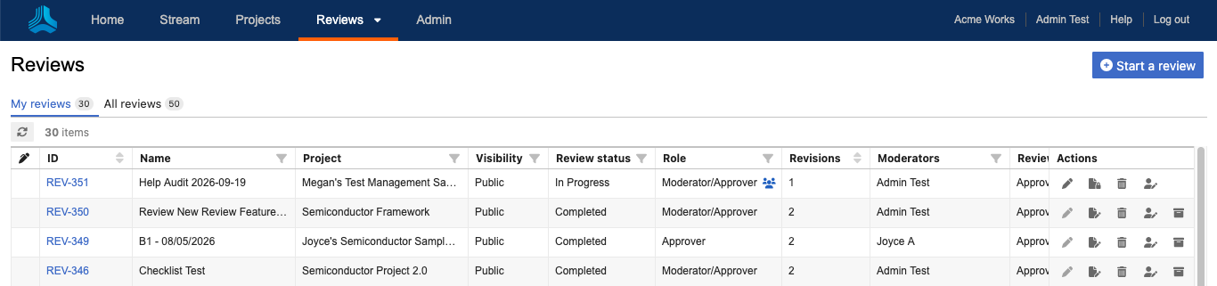Example review dashboard in Table View.