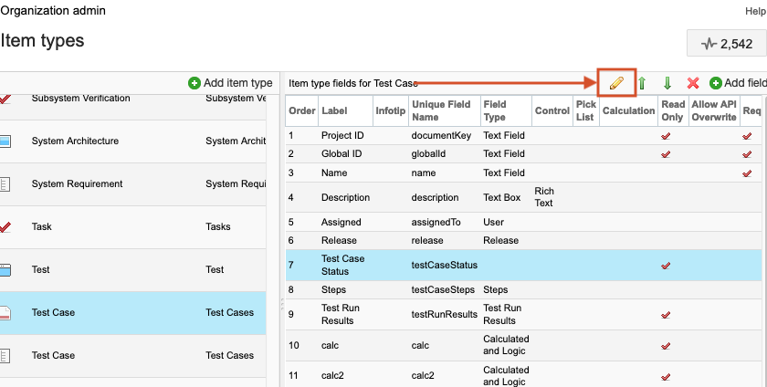 The Edit action is selected on the Item types page.