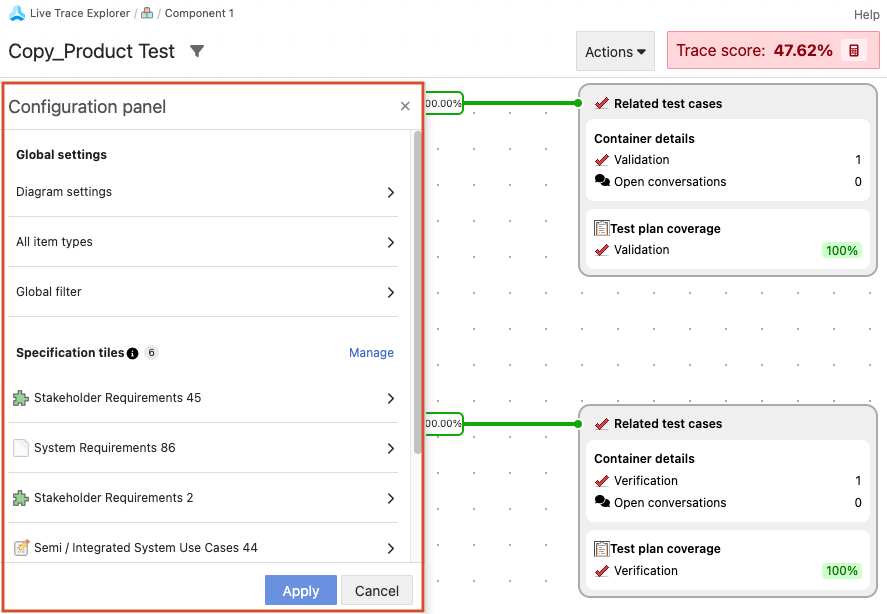 Configuration panel lists all specification tiles in the diagram.