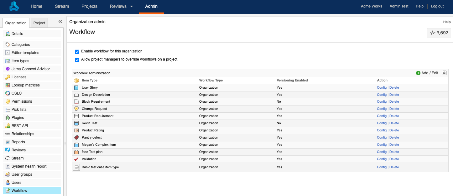 The Admin button is highlighted and the details panel displays the Workflow page.