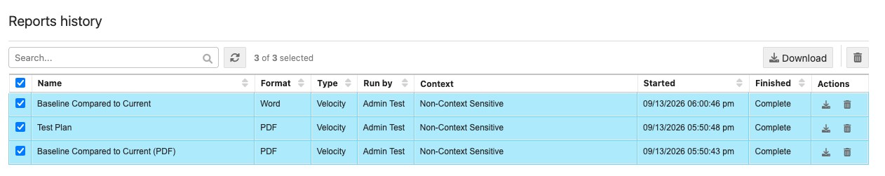 In the Reports history window, two reports are selected and the Downloads button is also selected.