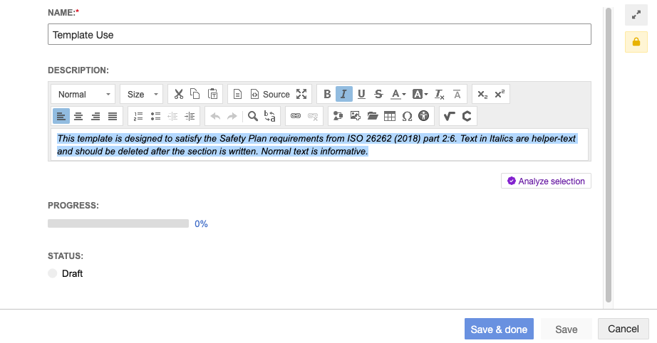 In Document View, text is displayed for editing and below it, the option Highlight text to analyze is selected.