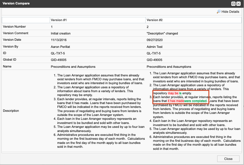 Changes in content between versions are displayed by color: red = removed content and green = added content.