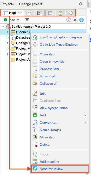 Select Projects > icon on Project toolbar, select items to include, then select Send for review.
