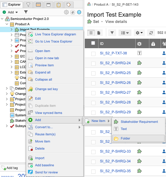 Use cascading menu in Explorer Tree to add a folder: set name > Add > New item > Folder.