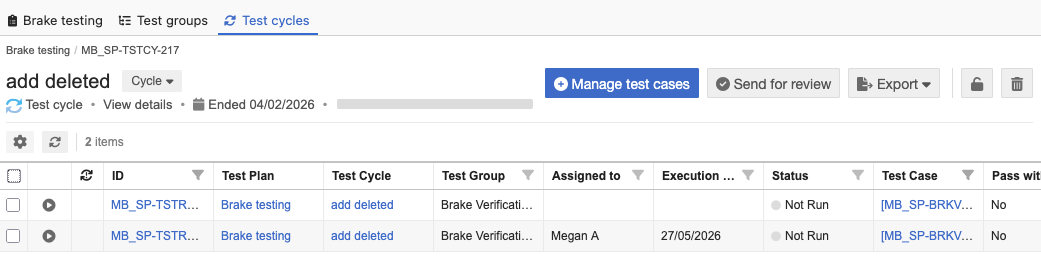 Image shows Test Runs tab selected in top toolbar, and cycle with the small black arrow highlighted on the left side of the center panel.