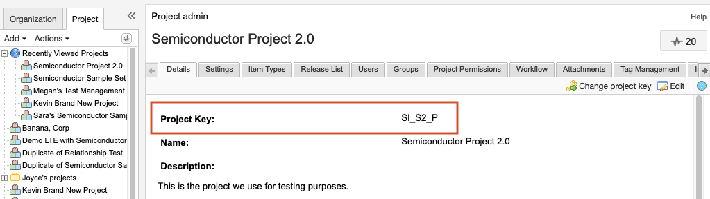 The Project Key and its value are highlighted on the Details tab for the selected project.