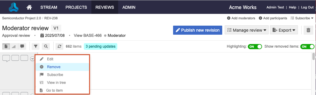 In the review you want to remove, use the dropdown menu next to the item and select Remove.