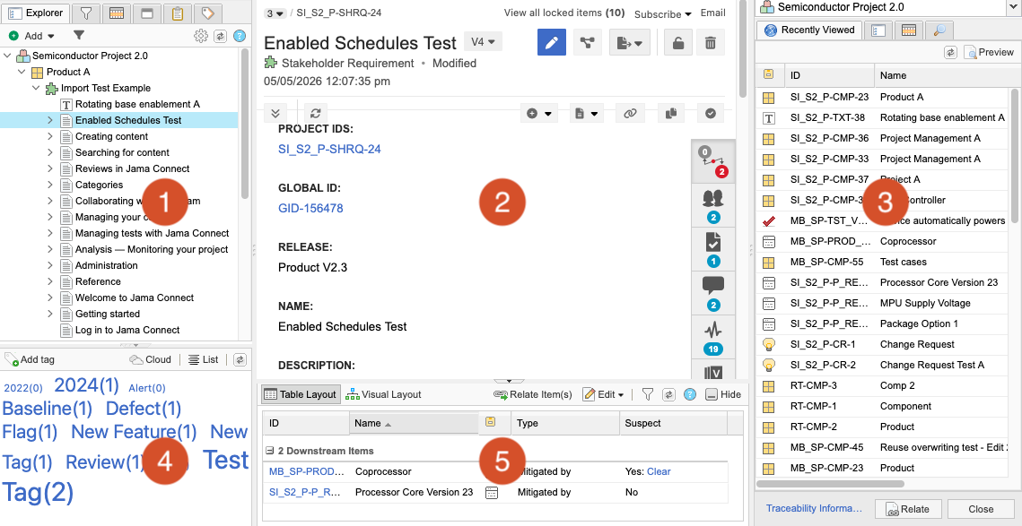 The Jama Connect workspace is divided into five areas, which are detailed below the graphic: 1. Explorer Tree; 2. Center details panel; 3. Related items panel; 4. Project side panel; and 5. Item information panel.