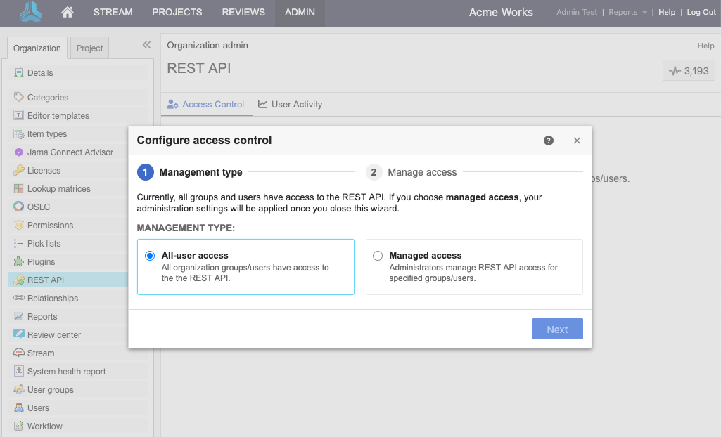 The Configure access control wizard includes options for Management type: All-user access and Managed access.