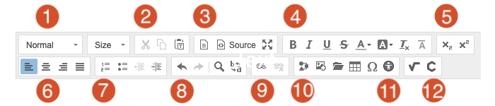 Rich text toolbar and buttons, numbered and explained in list below.