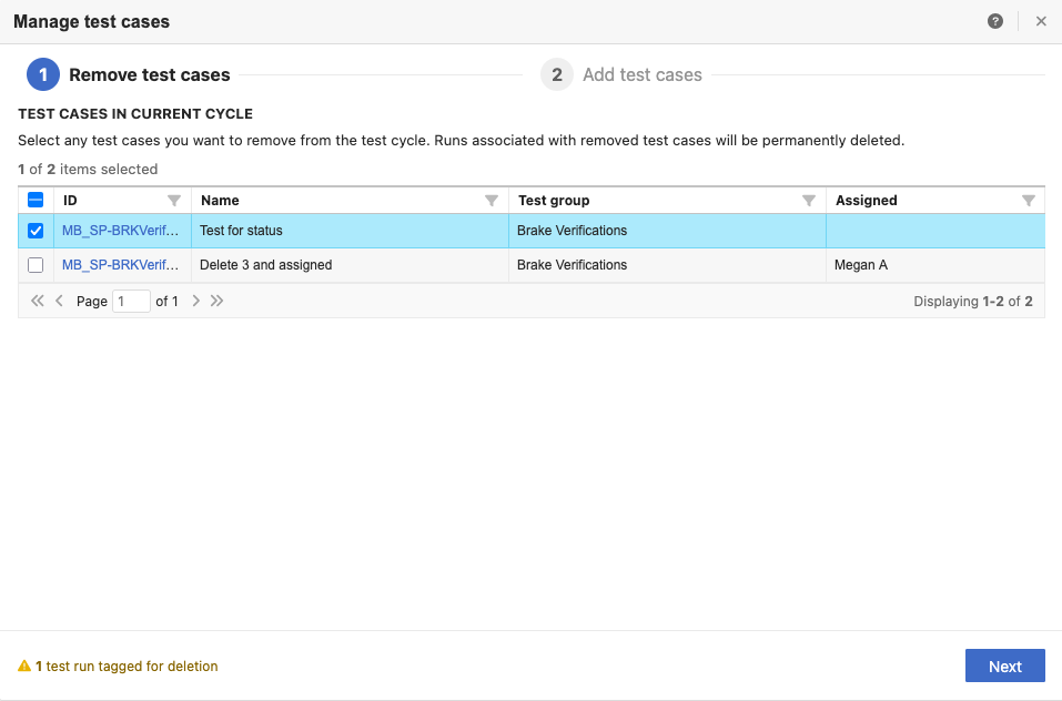 The UI shows a selected test case in a list of available test cases.