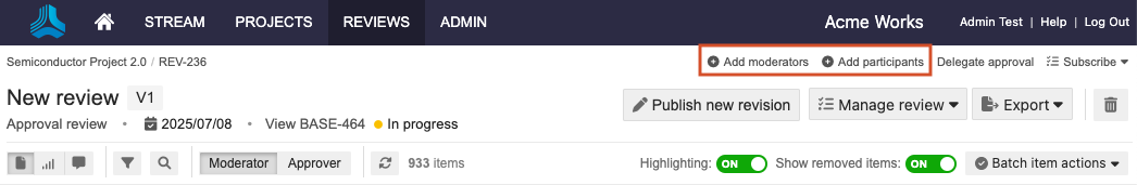 Select Add moderators or Add participants for a review.