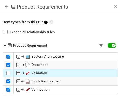 The blue checkbox is selected for three relationship rules, meaning they are turned on.