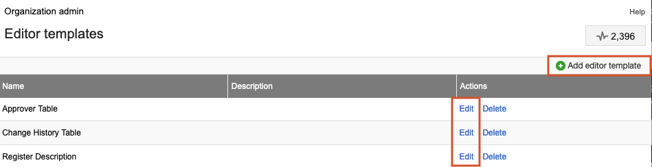 The Editor templates page lists each template with Edit and Delete actions (to change existing templates), and the Add new template button.