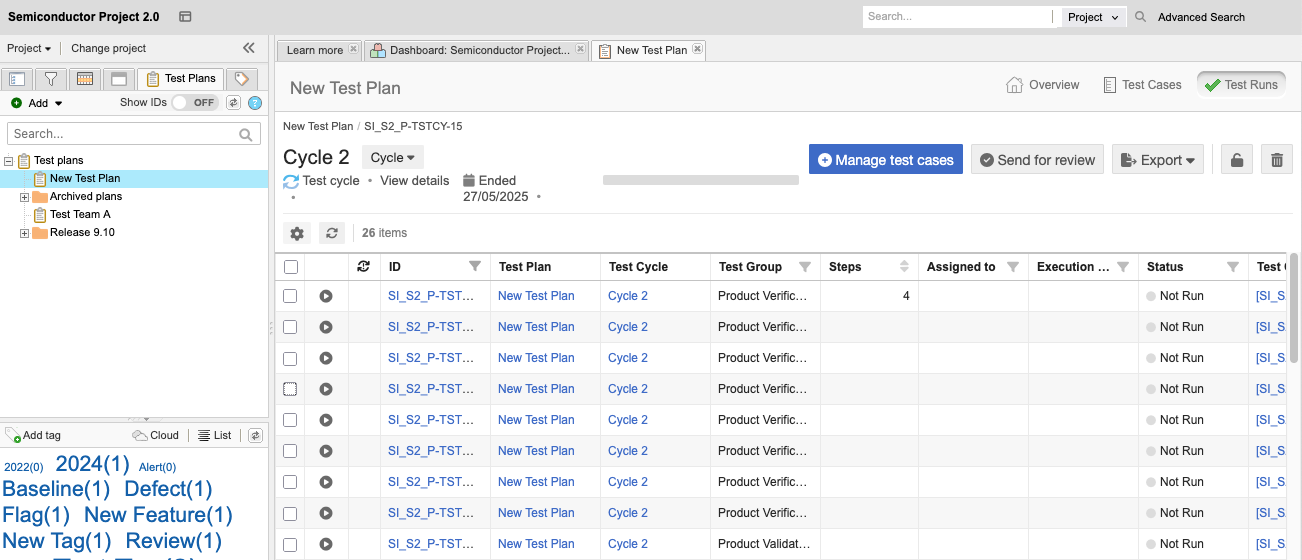 The New Test Plan panel shows that the Test Runs view is selected in the upper right corner.