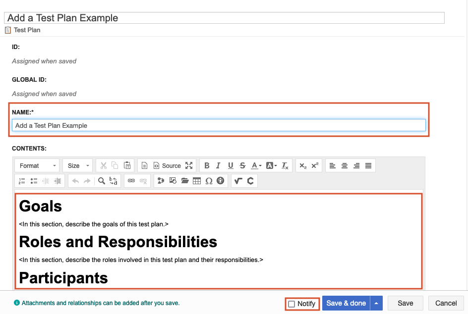 In the Add a Test Plan Example window, the Name and description fields are highlighted, as well as the Notify option.