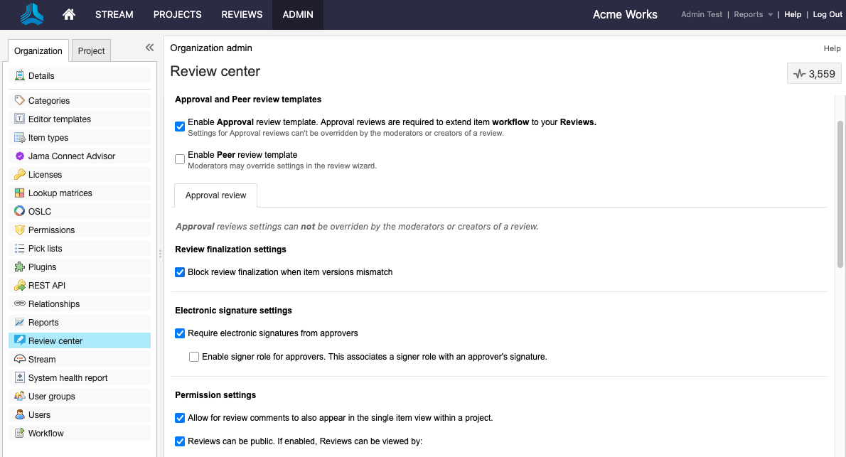 The details panel for the Review center page includes the options for defining your review.