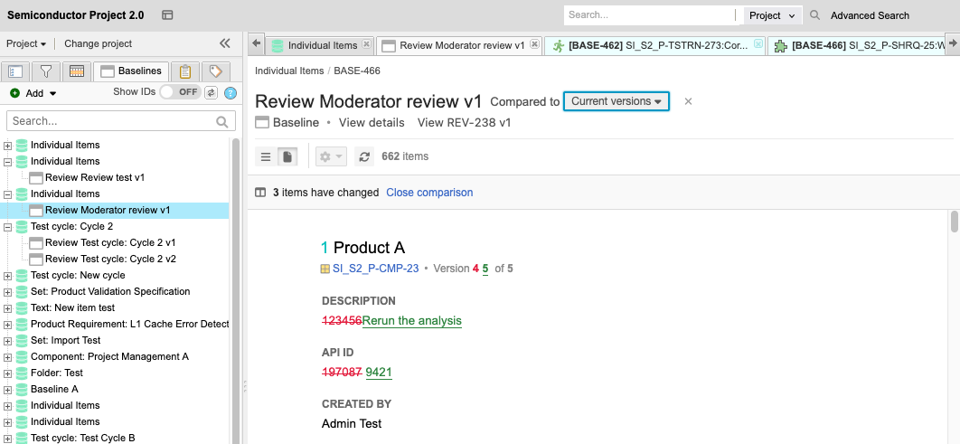 Details panel shows the comparison between two versions of a baseline, with color and formatting indicating changes.