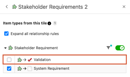 The blue checkbox is selected for two relationship rules (on) and deselected (off) for Validation.