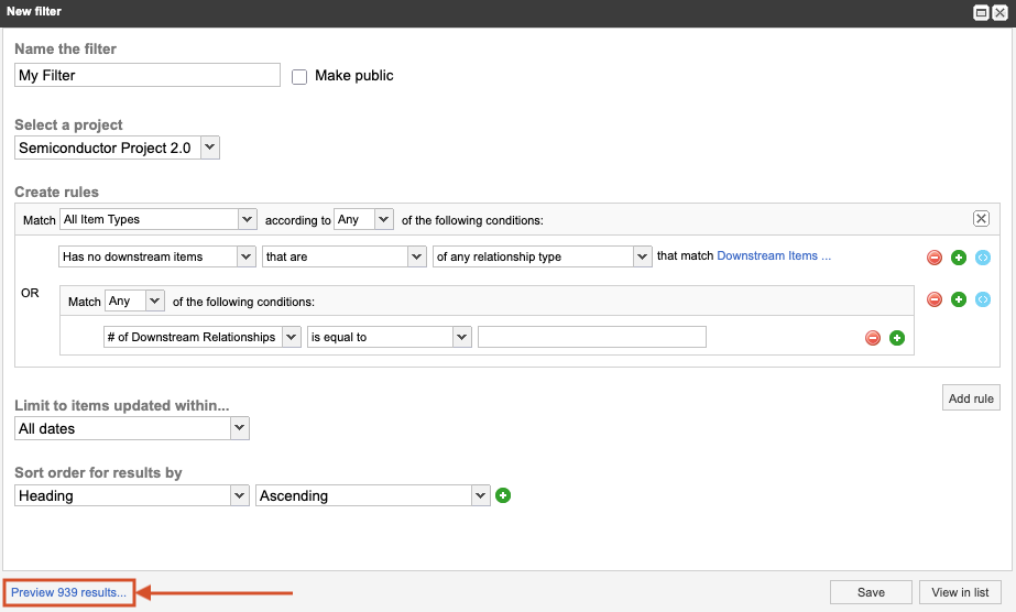 Example options for New filter window.