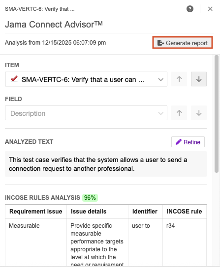 The Generate report button is highlighted on the analysis report.