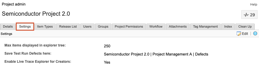 The details panel for the selected item in the project tree shows that the Settings tab selected.