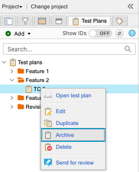 The Explorer Tree shows a selected test plan and the drop-down menu options Archive is selected.