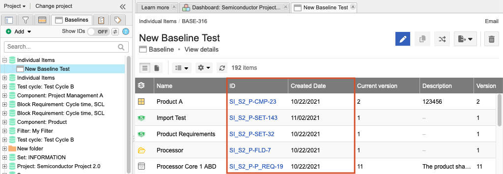 Jama Connect baseline is displayed with changes to multiple items, with the ID and Created Date columns highlighted.