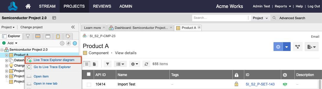 UI shows a product selected in the Explorer Tree with the Live Trace Explorer diagram option selected.