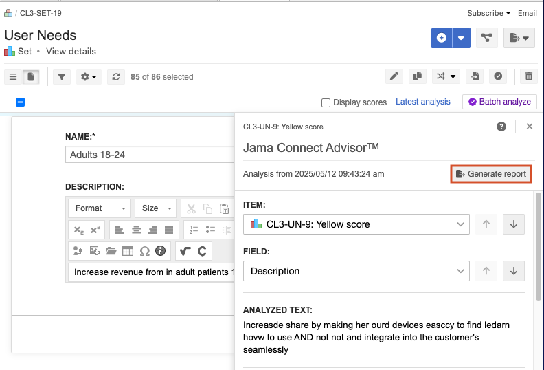 The Generate report button is highlighted on the analysis report.