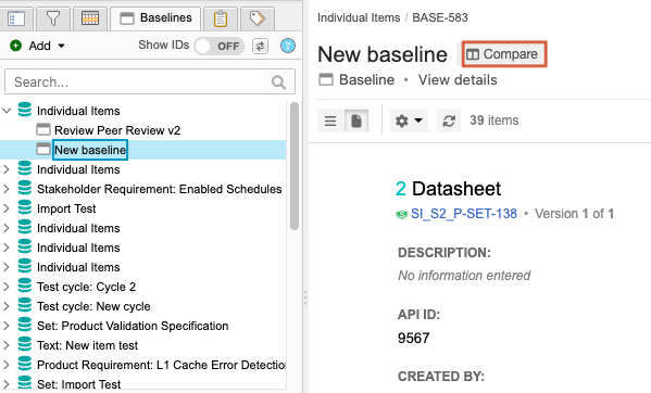 A baseline is selected and i the details panel Document view and Compare are highlighted.