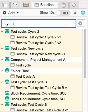 Baseline tab shows text in the search string and the results highlighted in the list of baselines.