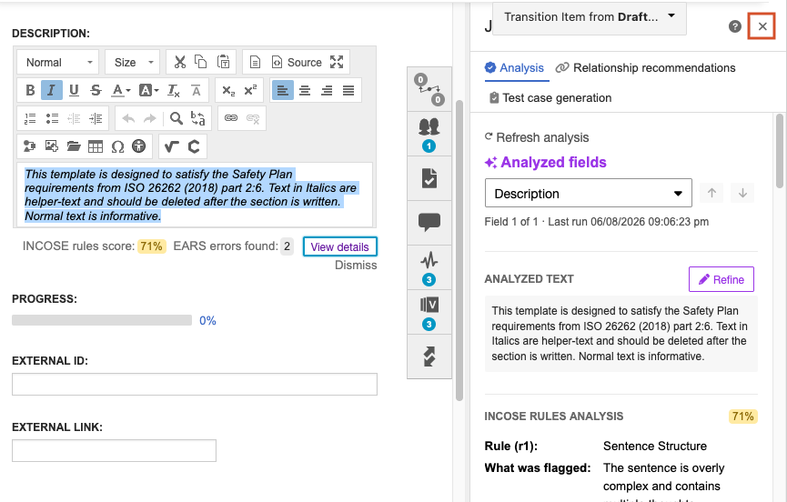 The analysis report displays a score for INCOSE Rules analysis and the number of errors found for EARS analysis.
