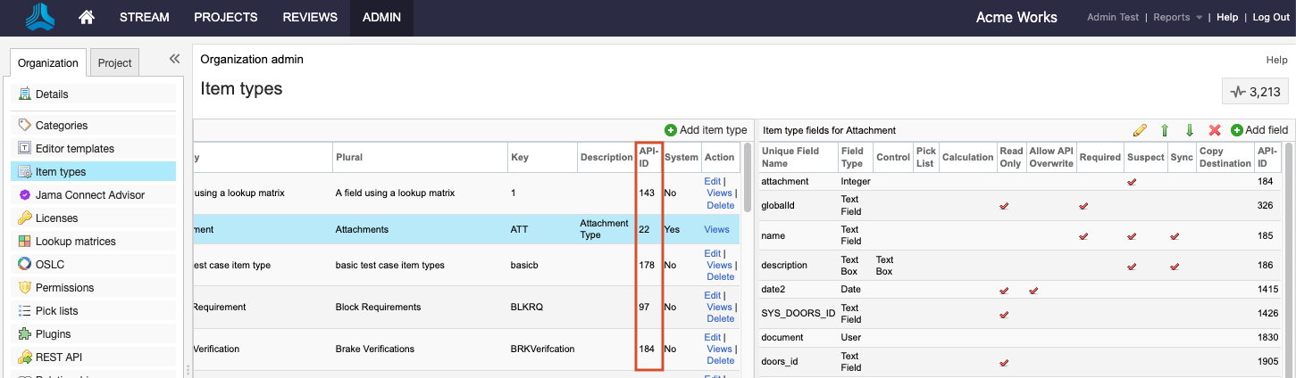 The details panel for Item types shows that the API-ID column is highlighted.