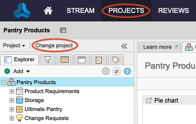 The Projects button in the Jama Connect header is selected, as well as the Change Project button.