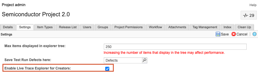 The details panel for the selected project shows Enable Live Trace Explorer for Creators is selected and a note has been added.