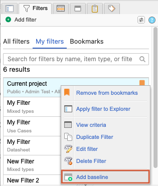 The Filters tab shows a selected filter and the Add baseline option selected.