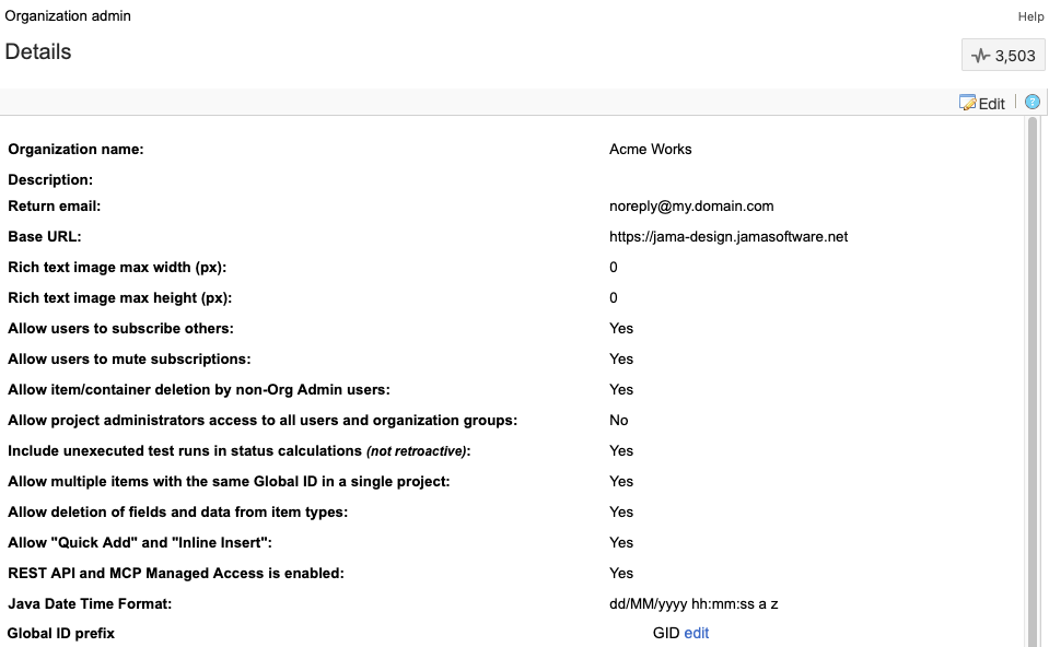 The Details page for an example Organization displays the list of available options to define your organization.