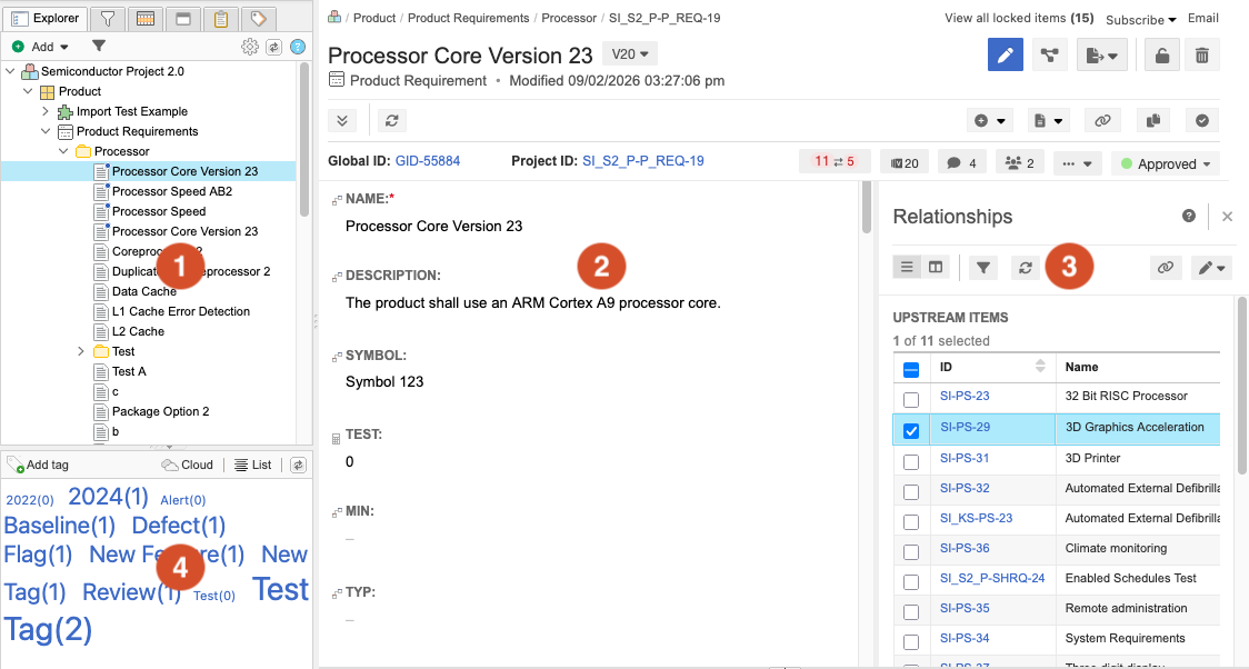 The Jama Connect workspace is divided into five areas, which are detailed below the graphic: 1. Explorer Tree; 2. Center details panel; 3. Related items panel; 4. Project side panel; and 5. Item information panel.