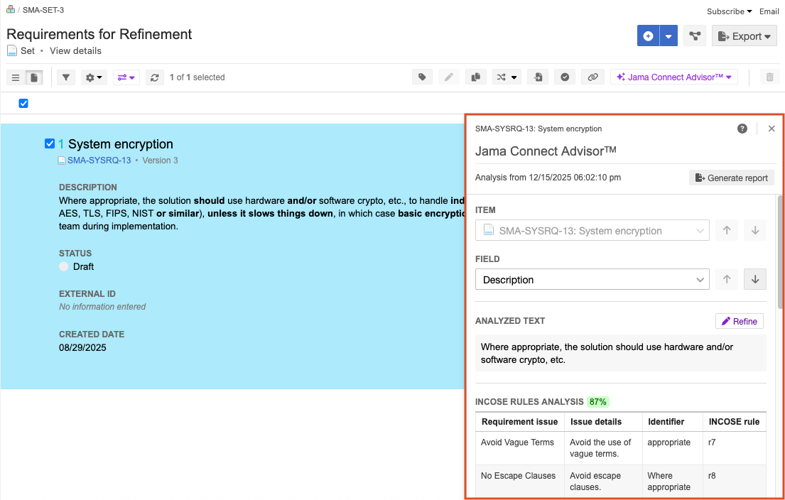 The slide-over panel displays the results of the analysis, including a score for INCOSE Rules analysis and numbers of errors found for EARS analysis.
