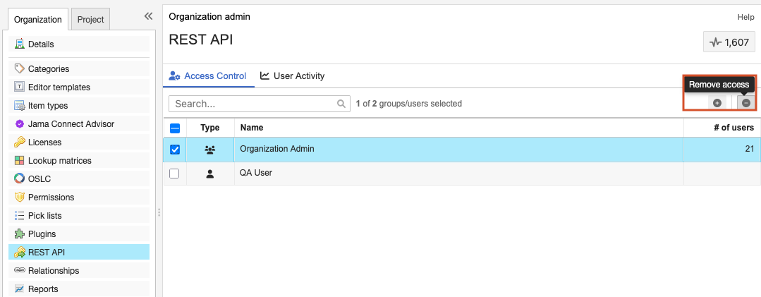 The REST API window shows that the Remove access option is selected.