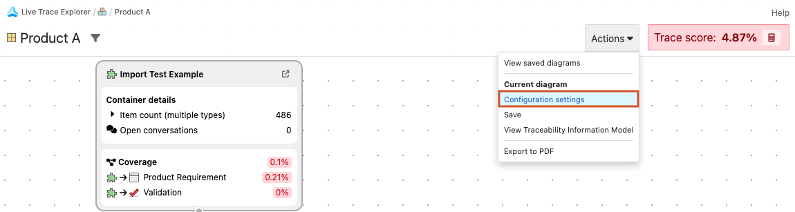 In the Live Trace Explorer UI, the Actions menu shows the View saved diagrams menu and Configuration settings option is selected.