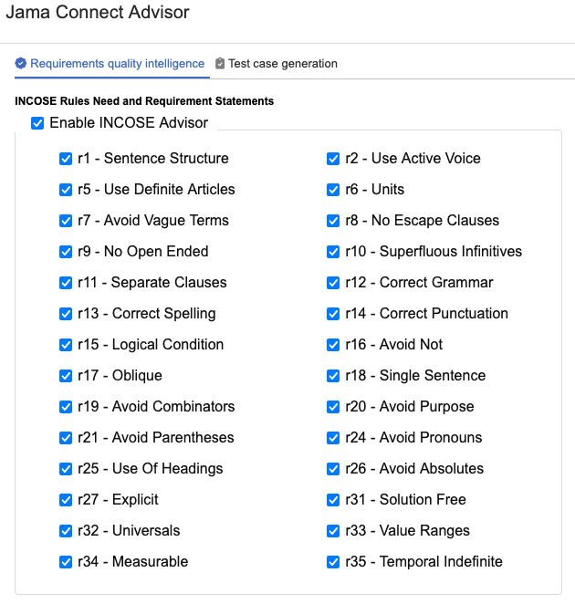 On the Jama Connect Advisor page, the option Enable INCOSE Advisor is selected along with all listed rules.