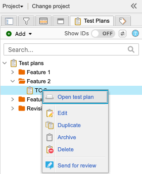 The Explorer Tree shows a selected test plan and the drop-down menu options.